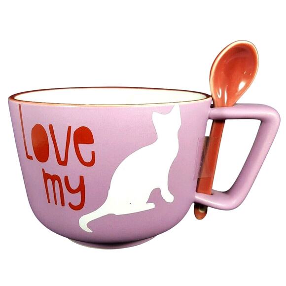 I Love My Cat White Enameled Food Bowl Dish Spoon Stoneware Ceramic Porcelain - Picture 1 of 3